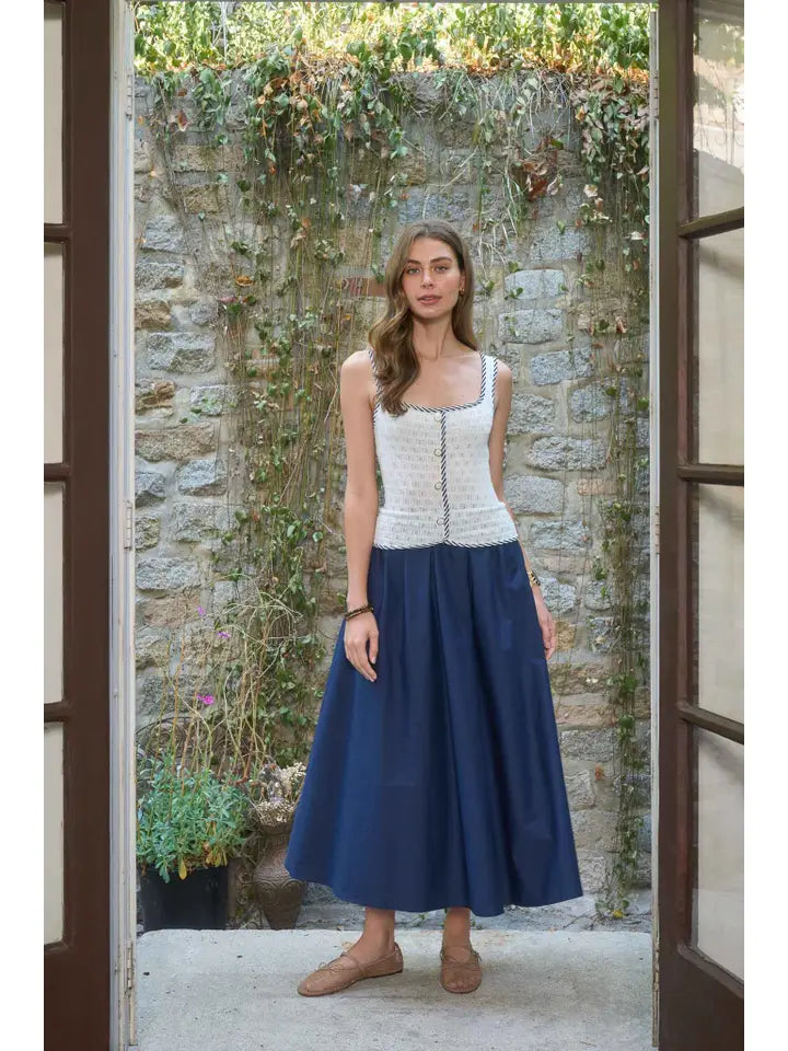 Sleeveless Button Down Knit Midi Mix Media Dress