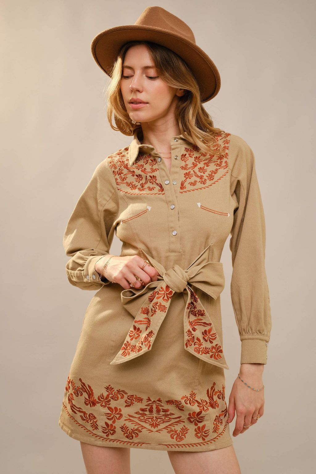 Embroidery Self Tie Denim Dress
