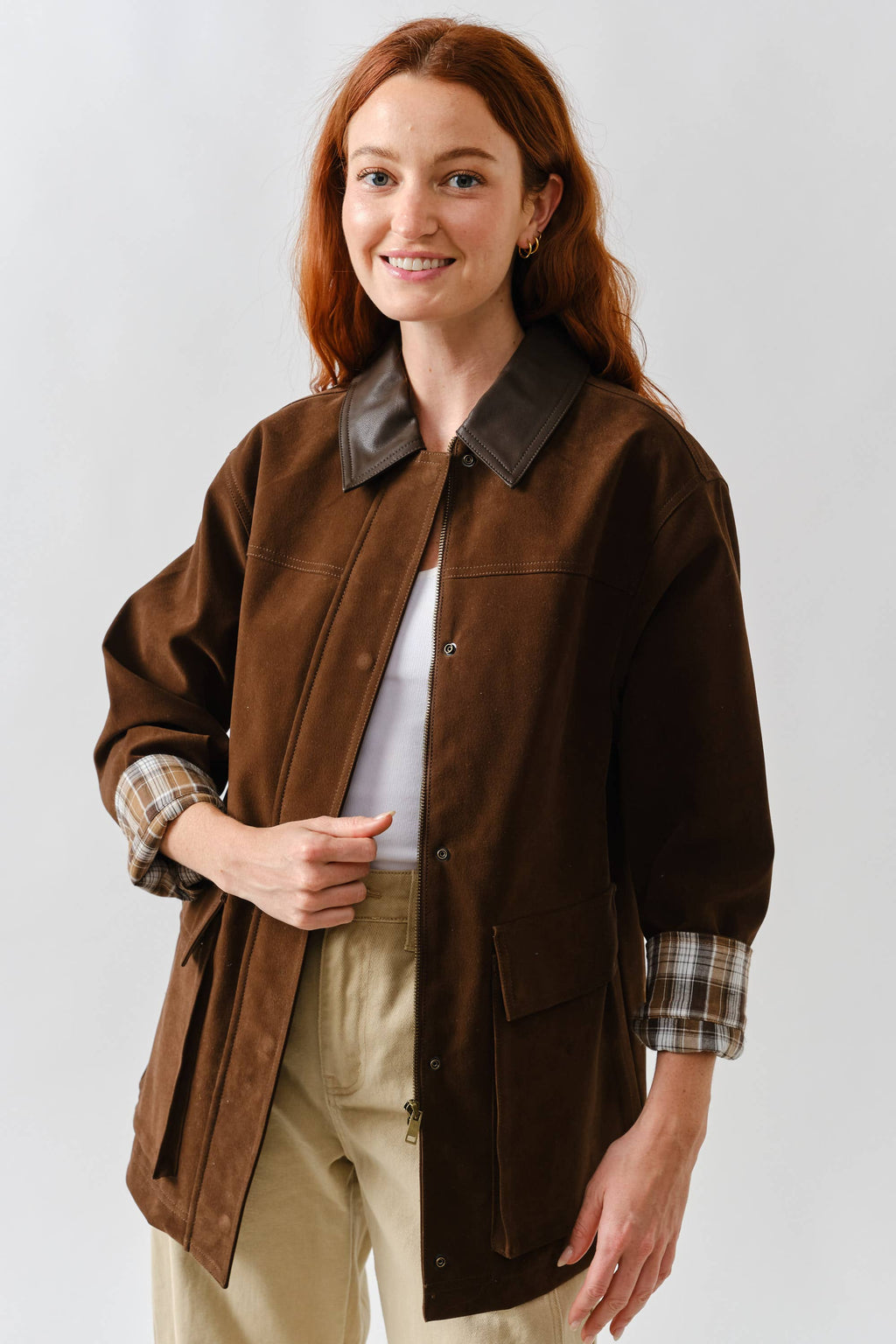 MAJ3262 SUEDE CASUAL JACKET WITH LEATHER COLLAR