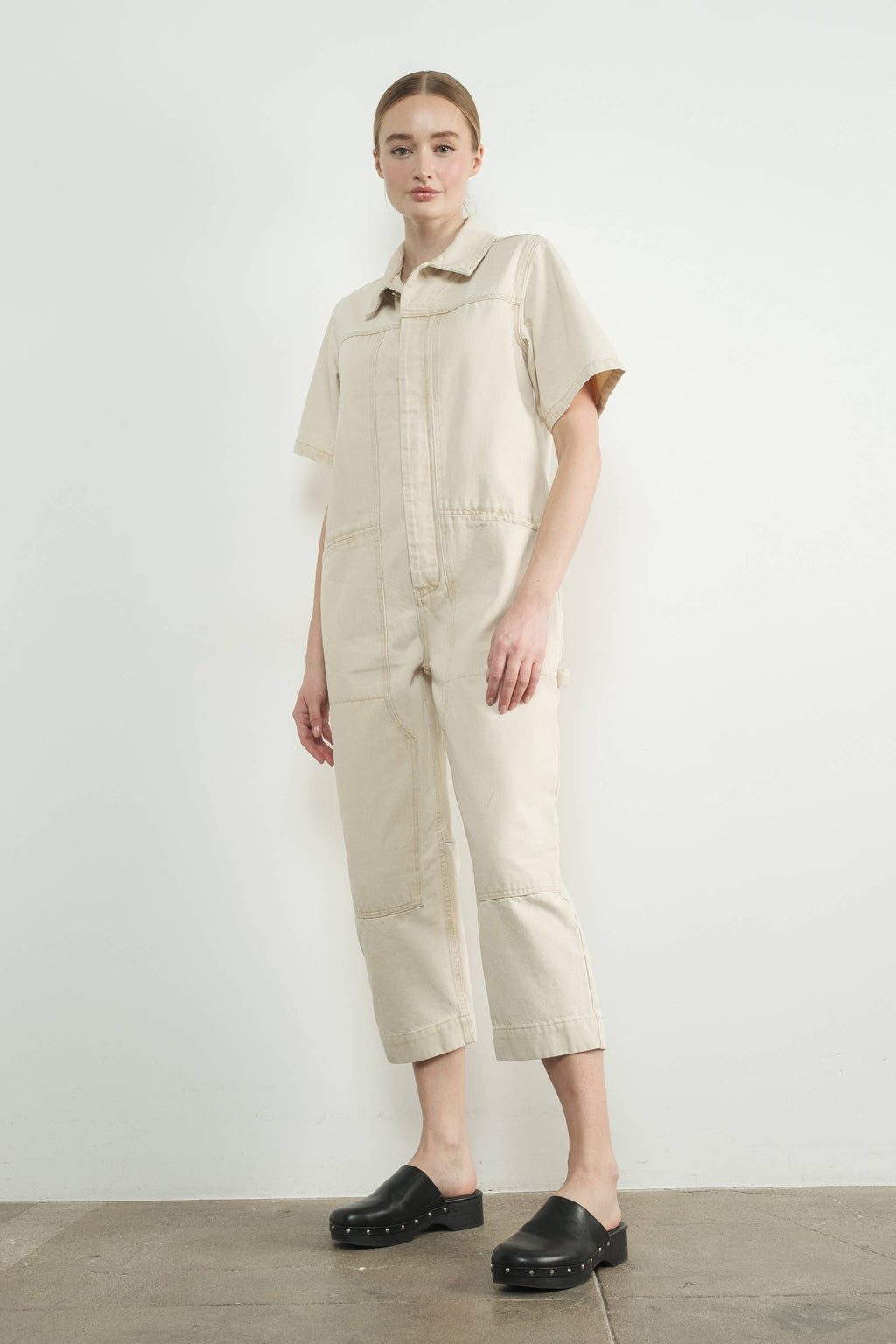 IVORY DENIM SHORT SLEEVES COLLARED JUMPSUIT