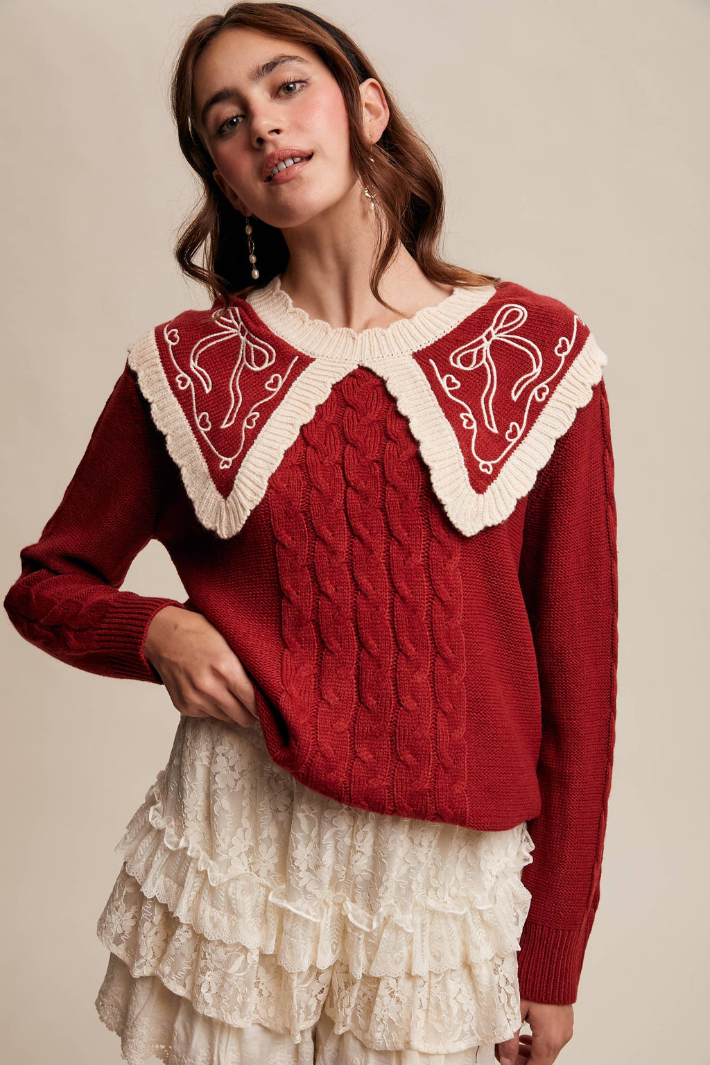 Bow Embroidered Cable Knit Sweater LSW0975