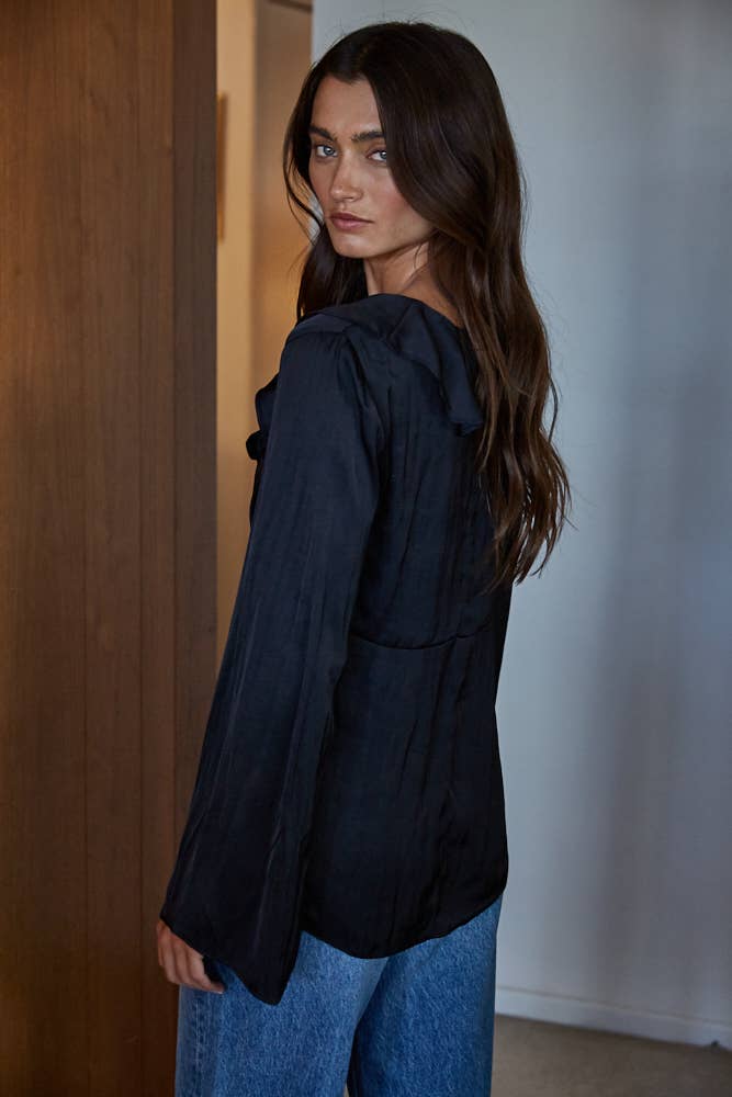 L8676 | Woven Polyester Ruffled Button Down Blouse Top