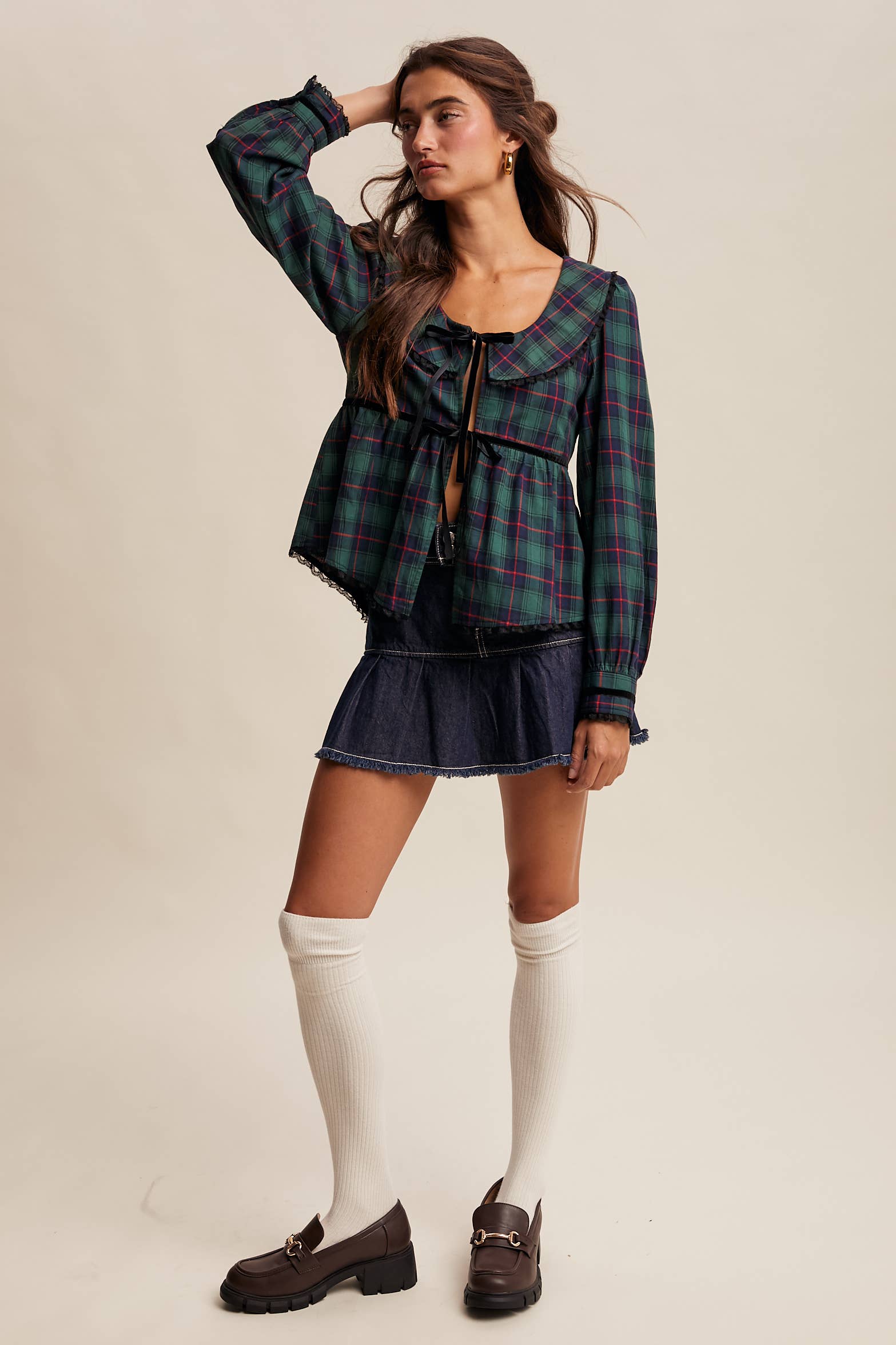Plaid Velvet Trim Holiday Blouse LT1446