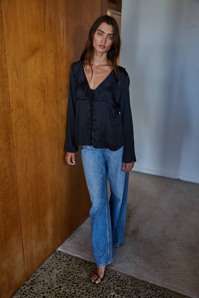 L8676 | Woven Polyester Ruffled Button Down Blouse Top