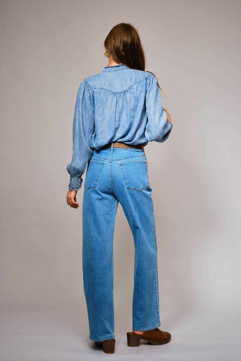 Ruffle Neck Denim Snap Button Shirt