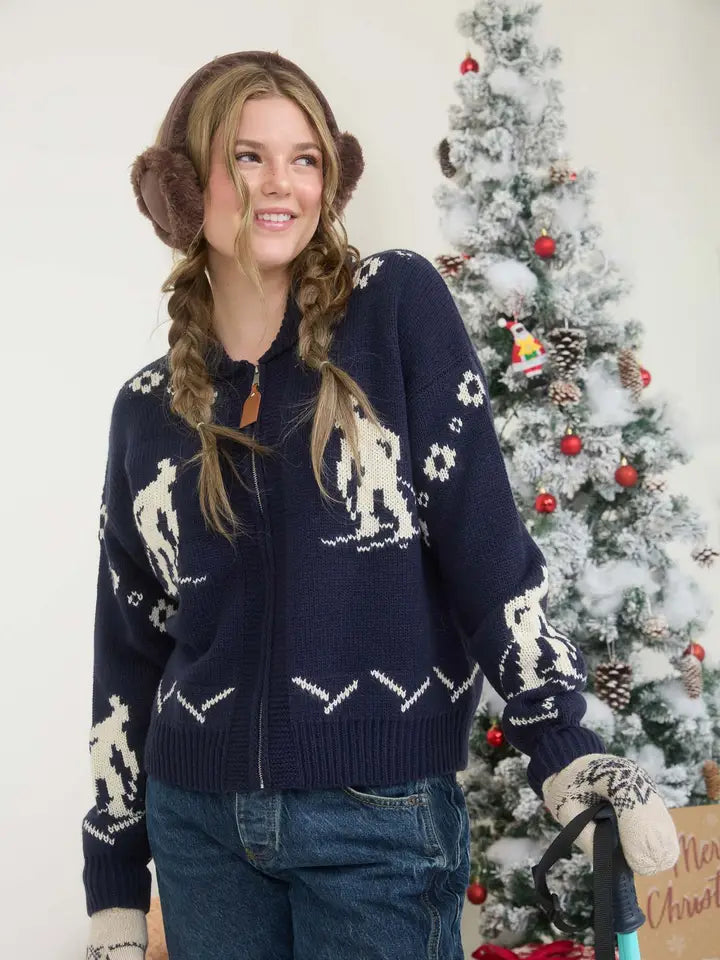 SKI PATTERN SHAWL COLLAR ZIP UP KNIT CARDIGAN