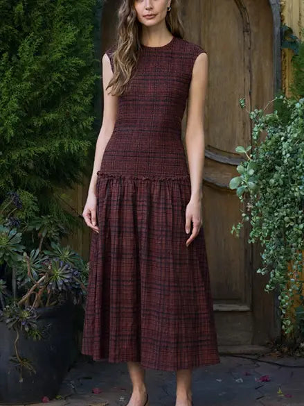 Smocked Top Plaid Midi Dress