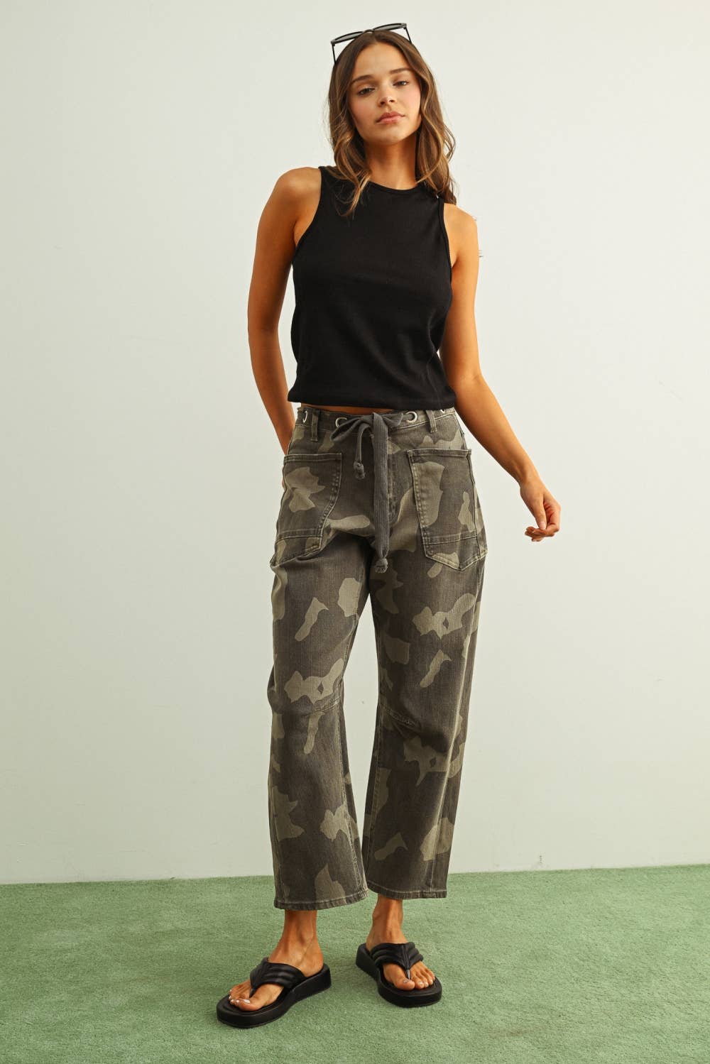 Camouflage Print Pants with Belt