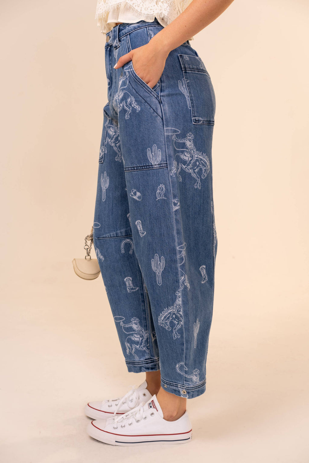 Western Print Barrel Leg Denim Jean