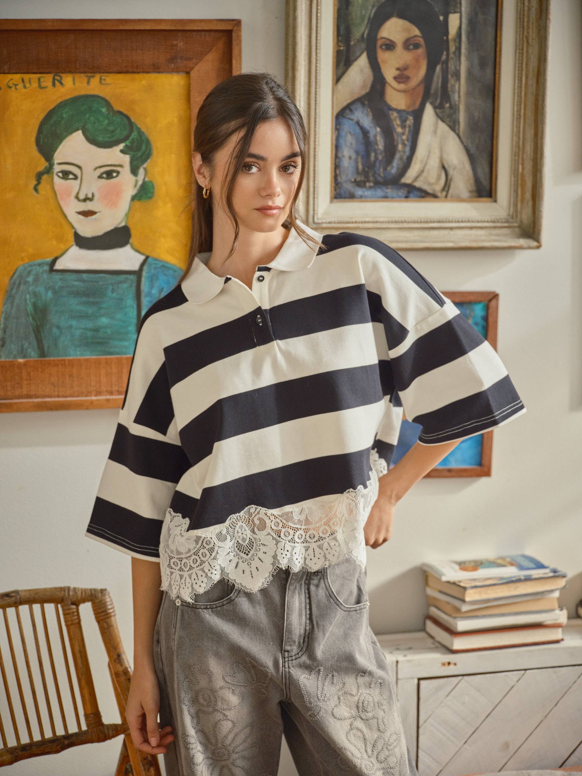 LACE POLO SHORT SLEEVE PULLOVER SHIRT