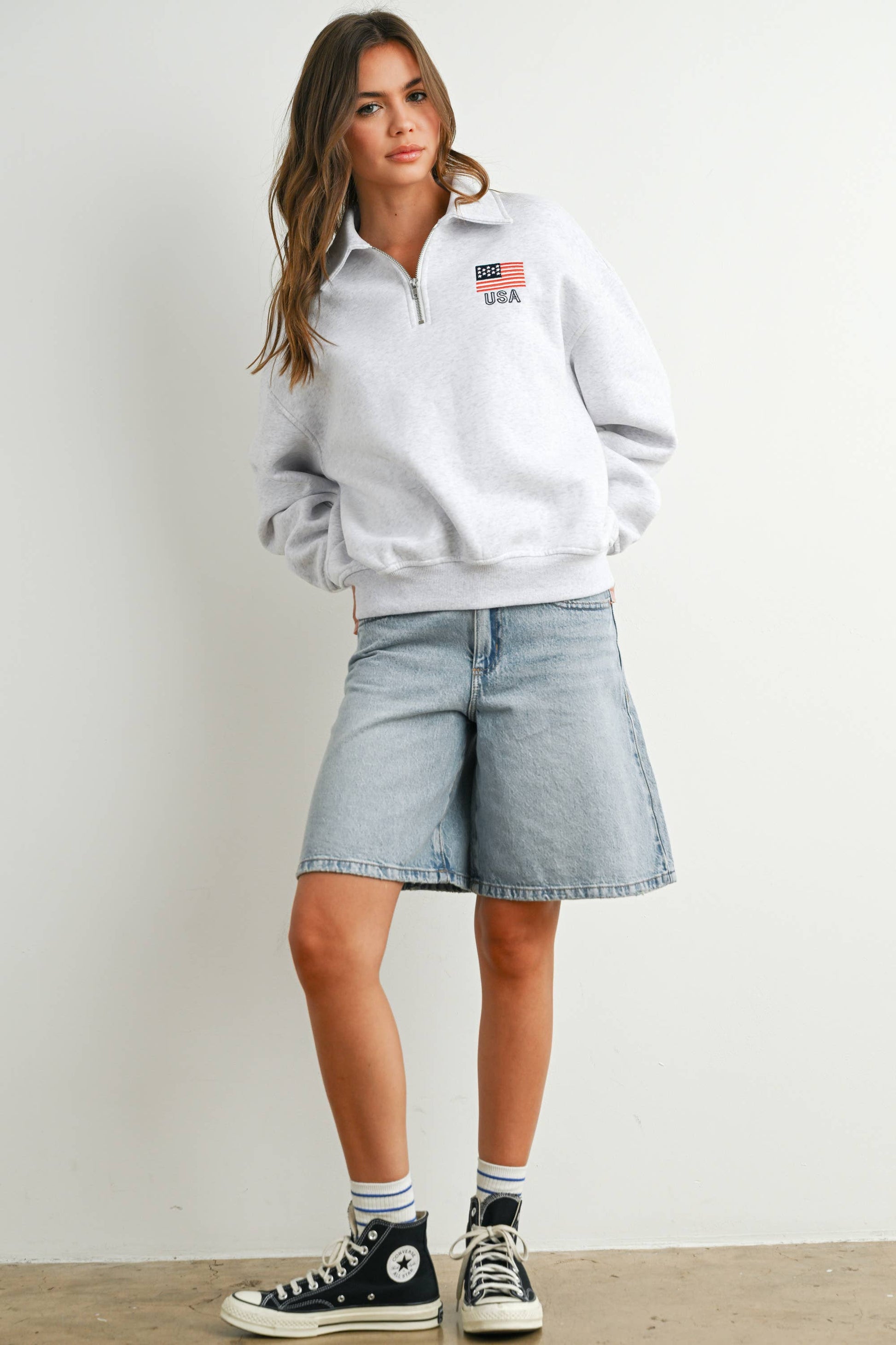 Loose Collared American Flag Icon Quarter-Zip Top