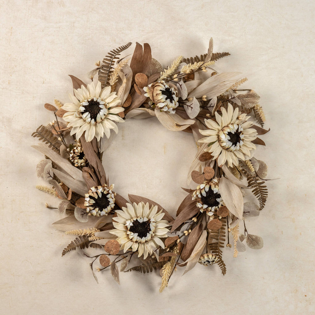 22" CREAM SUNFLOWER & WHEAT WREATH