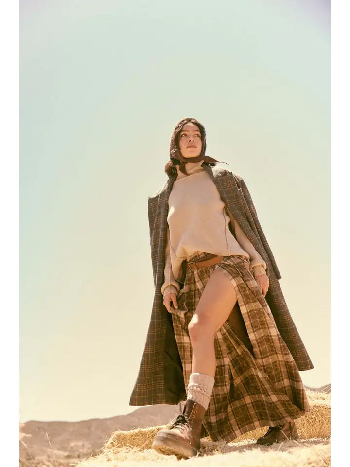 Plaid Felt Double-Breasted Calf-Length Overcoat