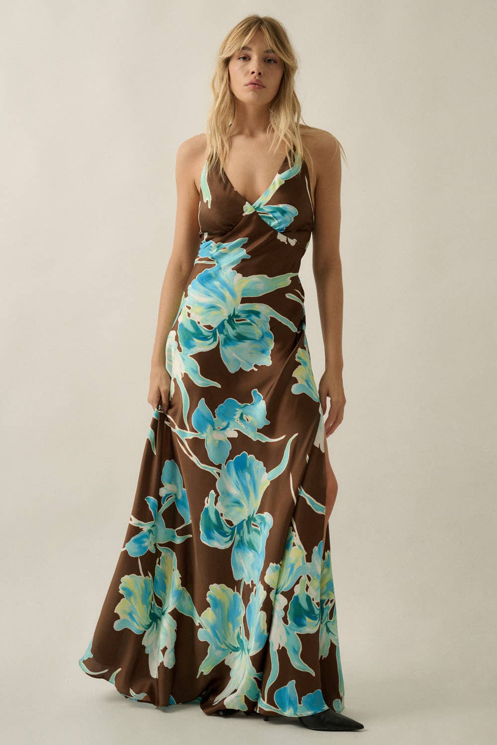 Satin Open-Back Halter Maxi Dress