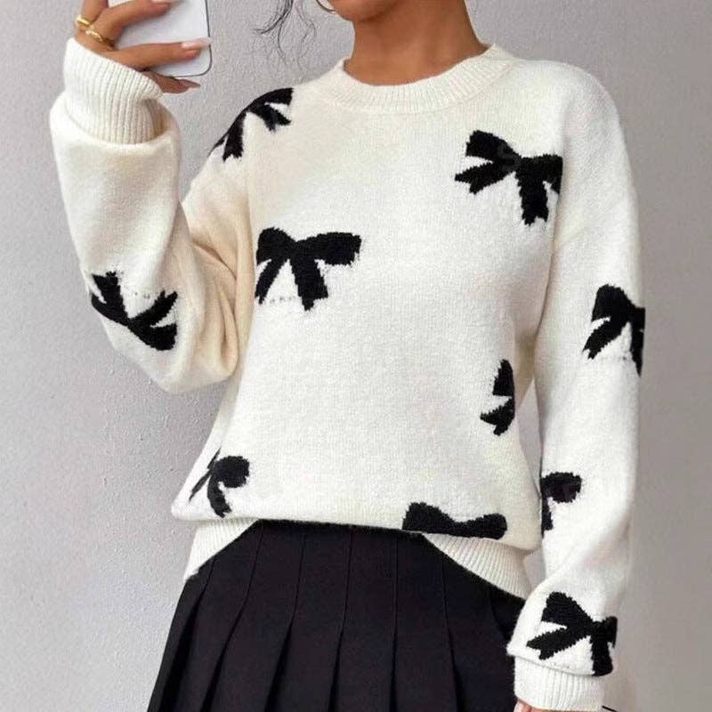 Elegant Round Neck Bow Jacquard Knit Sweater DP25E528