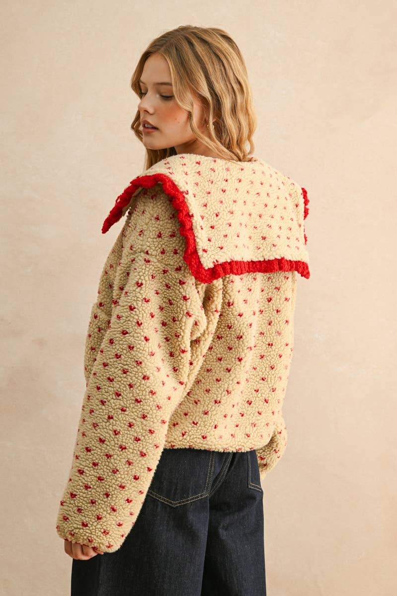 BUTTON FRONT PRINTED SHERPA WITH COLLAR JACKET