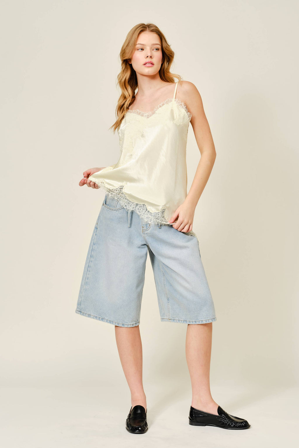 Aaron & Amber Champagne Satin Lace Top - Asymmetrical Cami