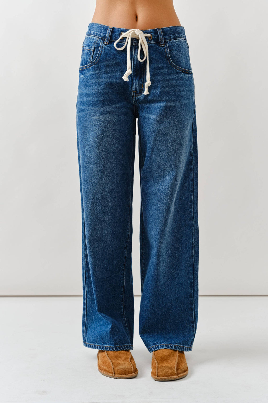 DRAWSTRING WAIST BOTTOM FLY STRAIGHT JEANS