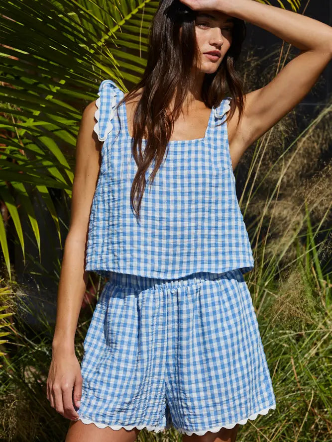 GINGHAM SQUARE NECK TANK WITH SCALLOP SHOULDER TIE
