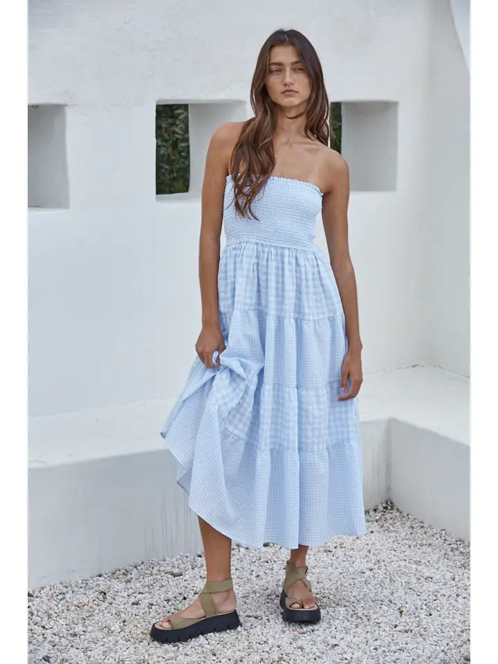 By Together Light Blue Gingham Midi Dress - Smocked Waist Sun Dress