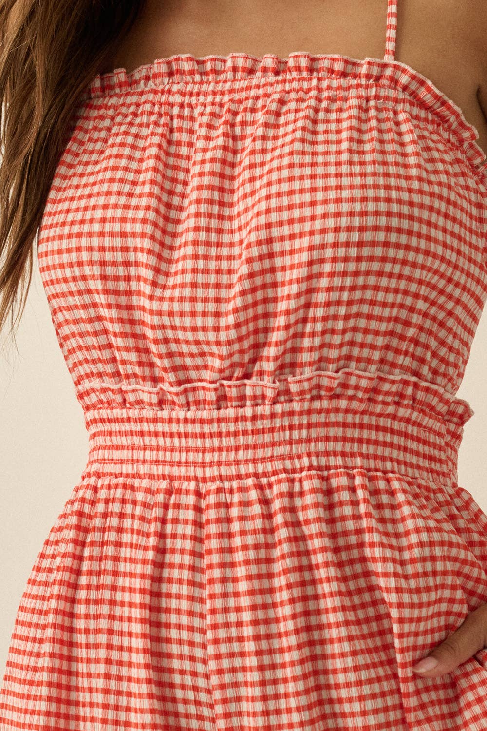 Gingham Plaid Open-Back Jumpsuit
