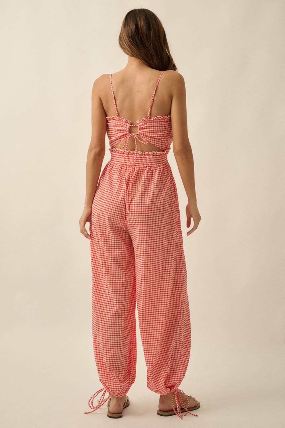 Gingham Plaid Open-Back Jumpsuit