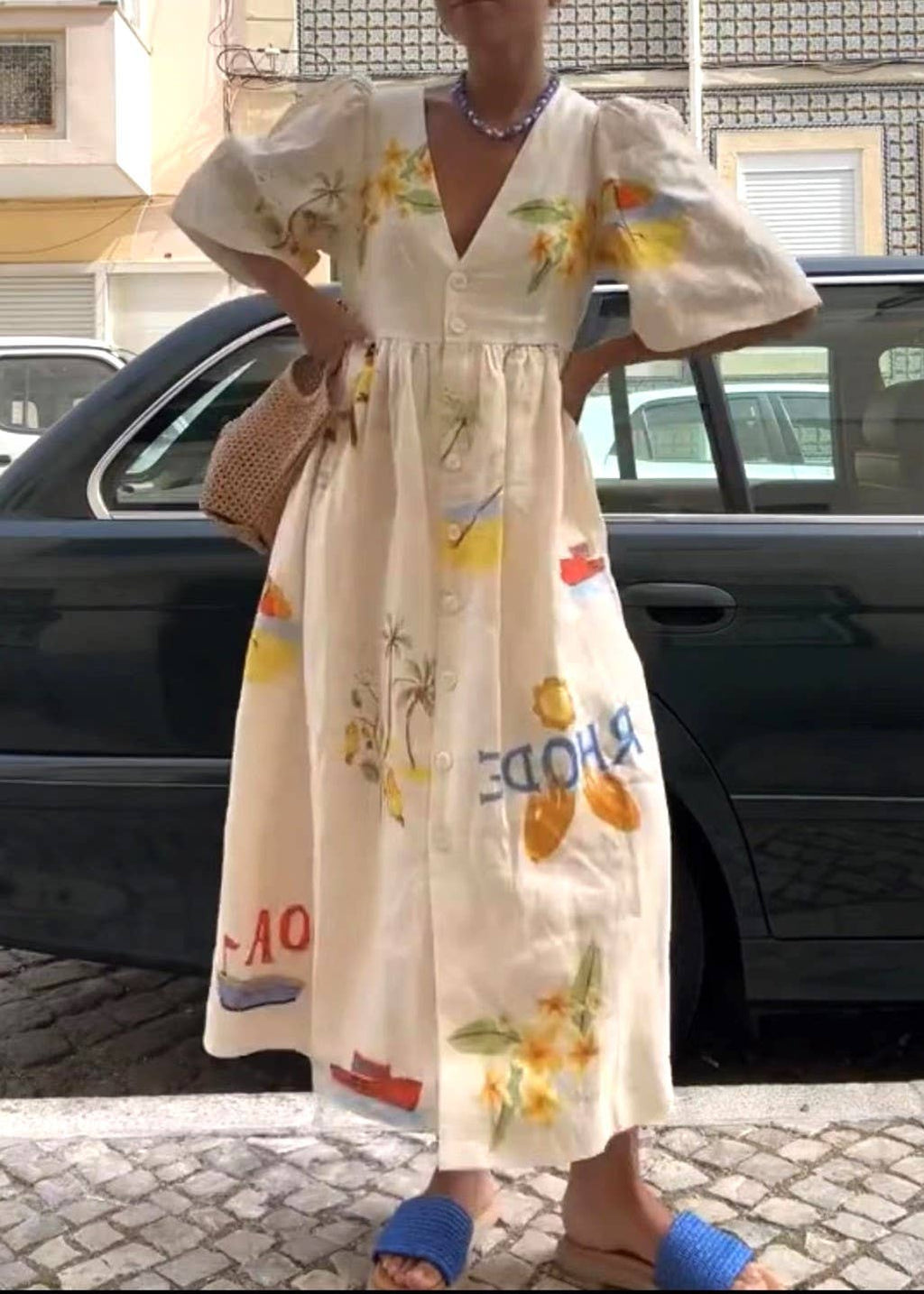 Fashion Cartoon Print V-Neck Midi Dress