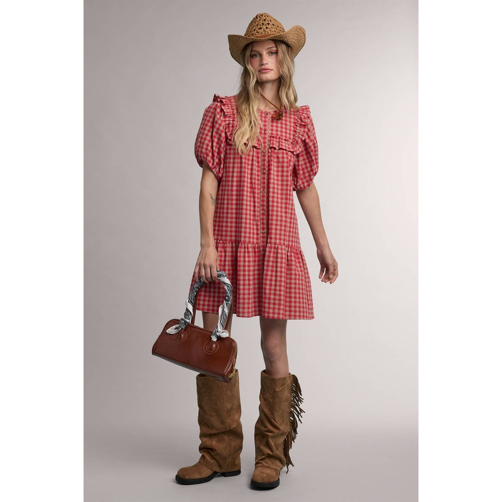 RUFFLE DETAIL GINGHAM MINI DRESS