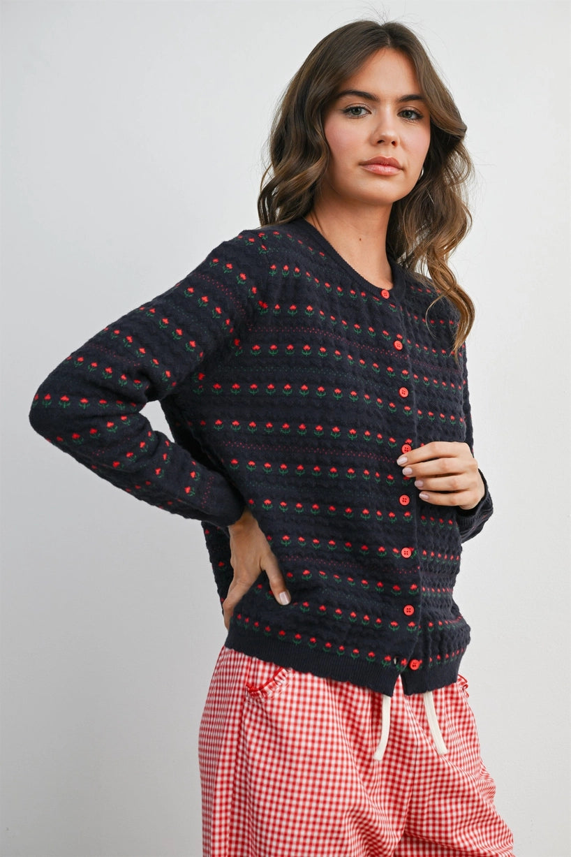 Navy Floral Button-Front Cardigan