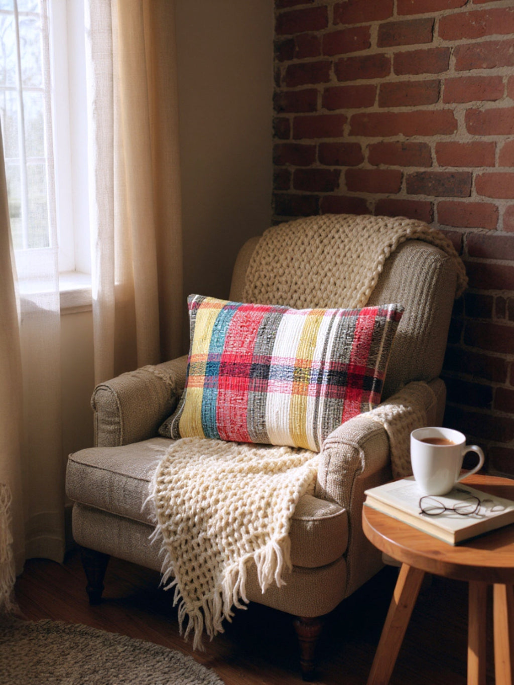 Hand-Woven Plaid Cotton Chindi Lumbar Throw Pillow