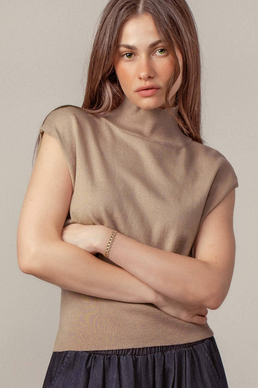 Sleeveless Mock Neck Wool Blend Knit Top