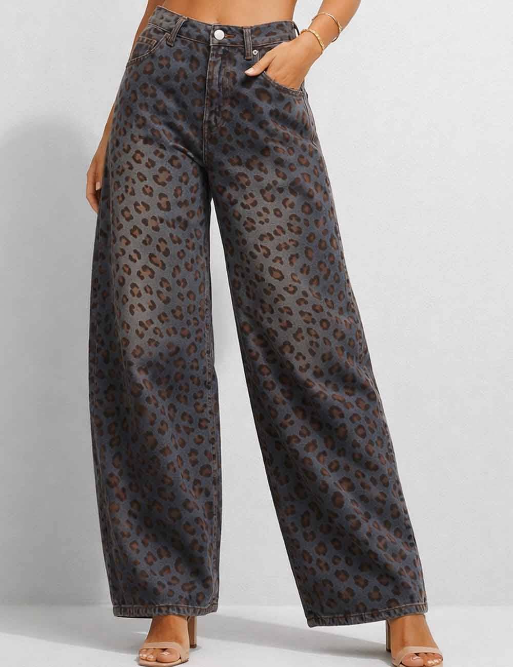 Leopard Jacquard Barrel Leg Denim Pants