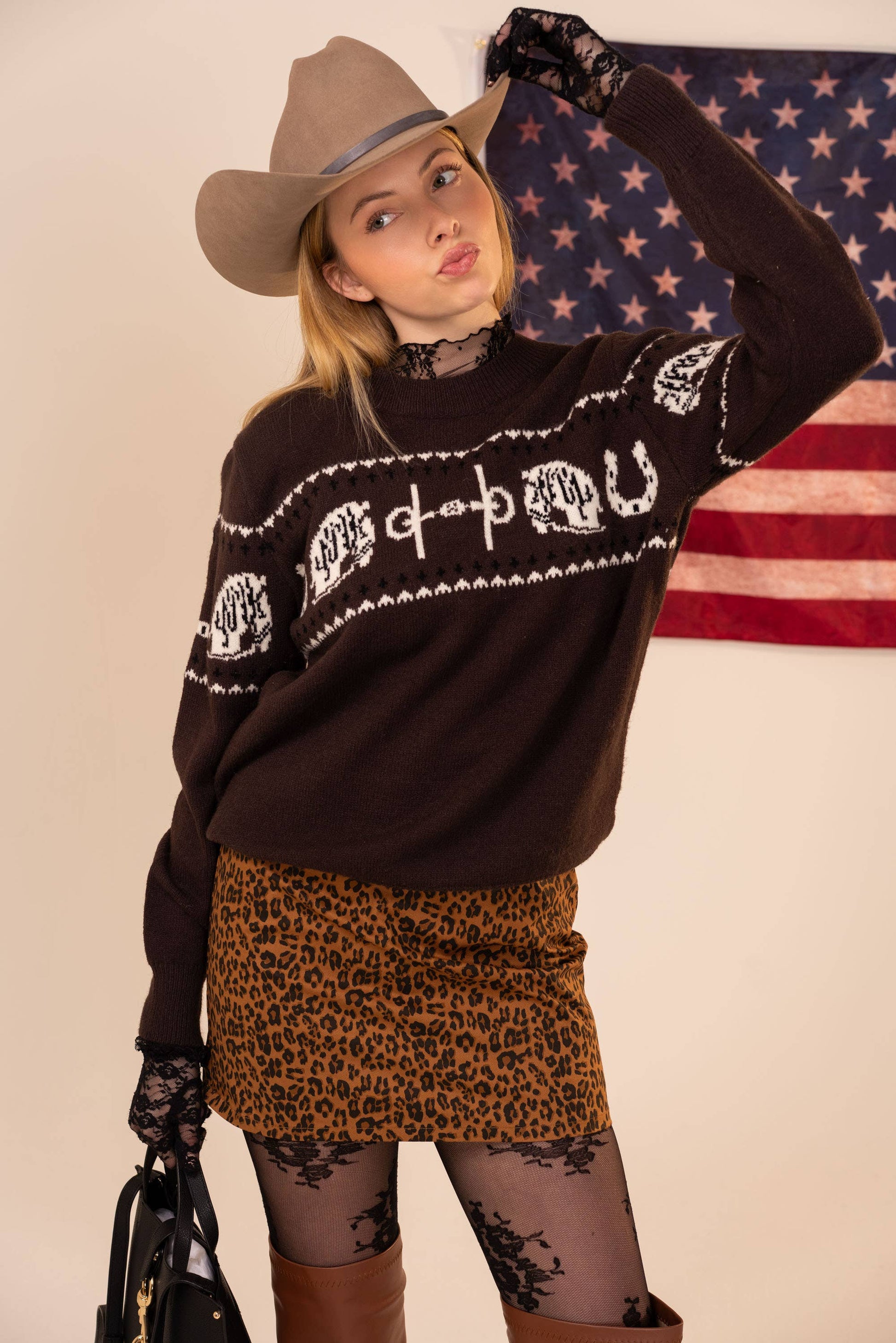 Horse Pattern Crew Neck Western Sweater