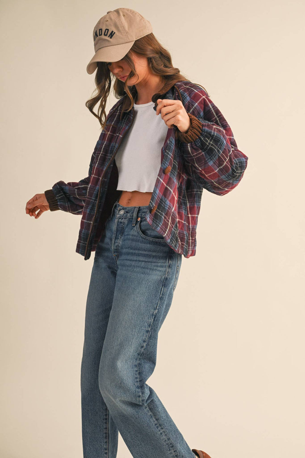 PLAID QUILTED JACKET WITH CONTRAST CORDUROY DETAIL MJK4115