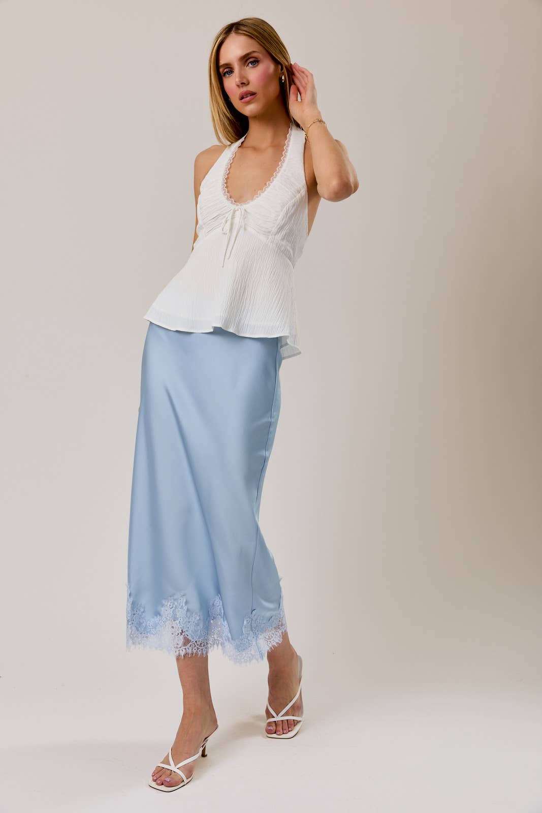 LACE APPLIQUE SATIN BIAS MIDI SKIRT