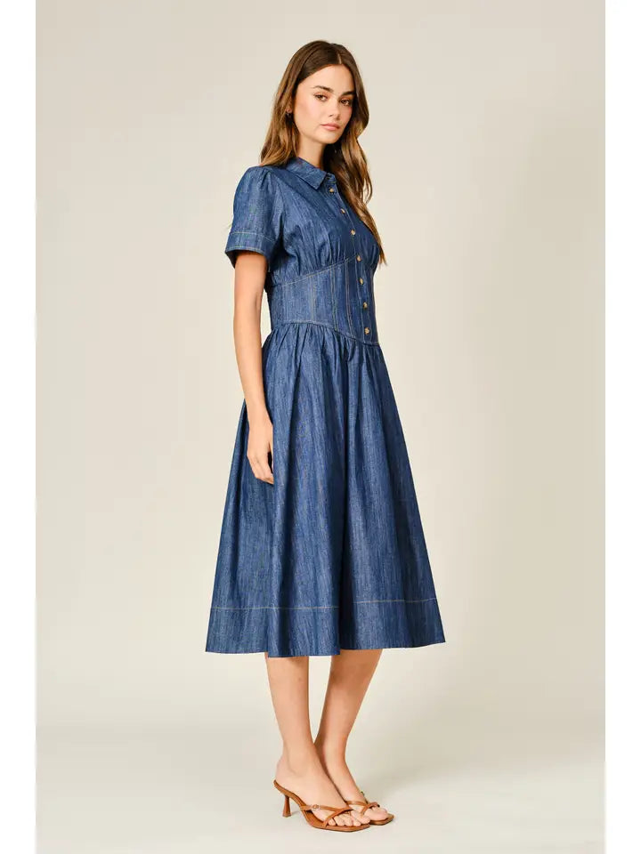 Corset Smocked Denim Shirt Dress