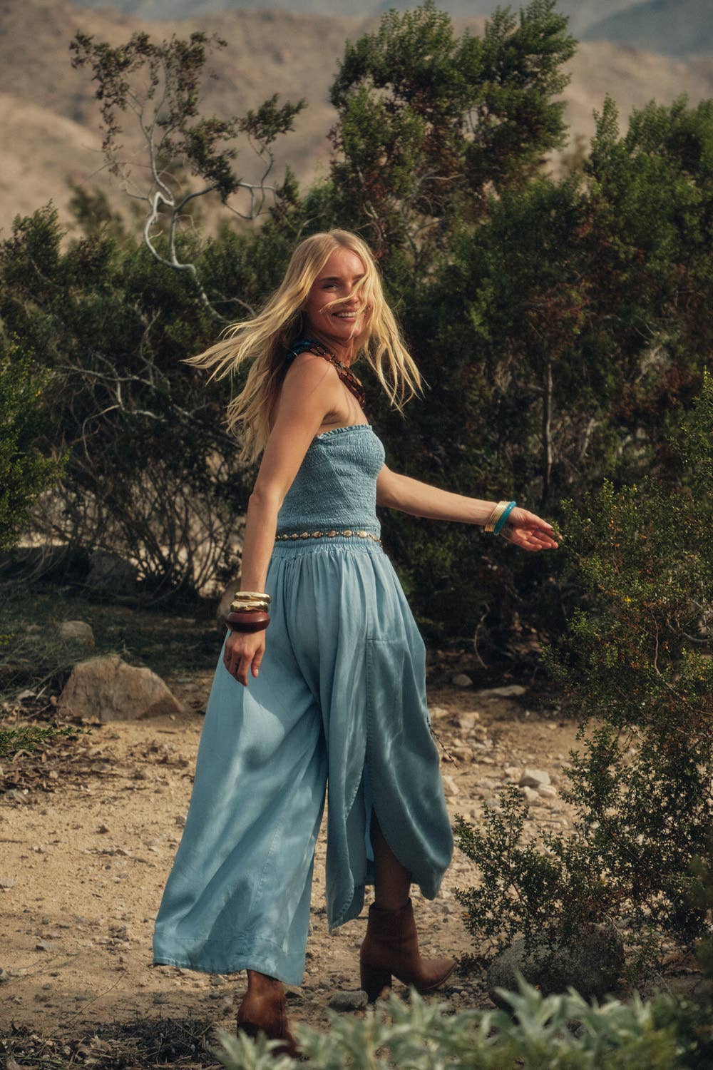 Tencel Denim Smocked Strapless Tulip-Leg Pocket Jumpsuit