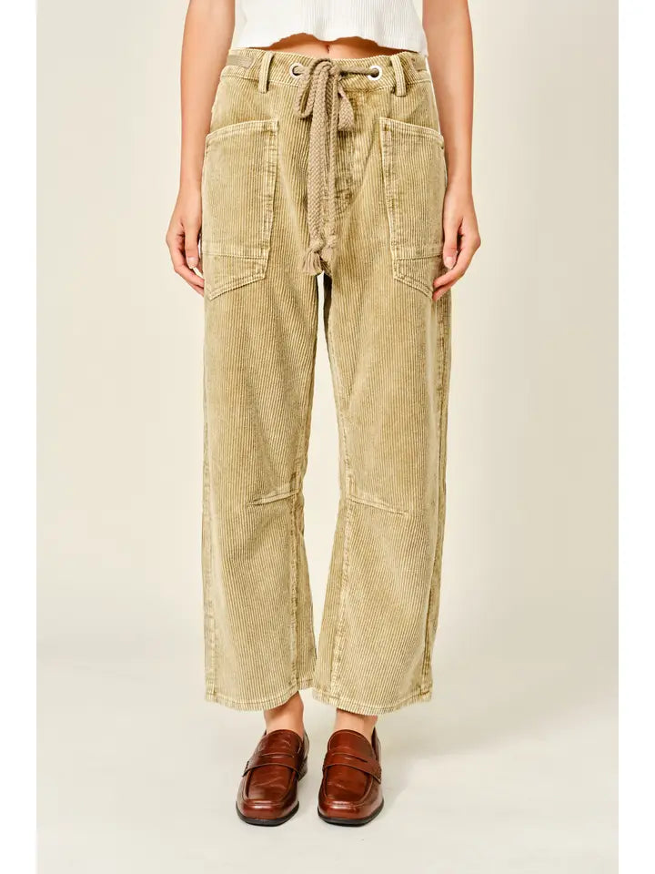Barrel Corduroy Pants with Eyelet Waist