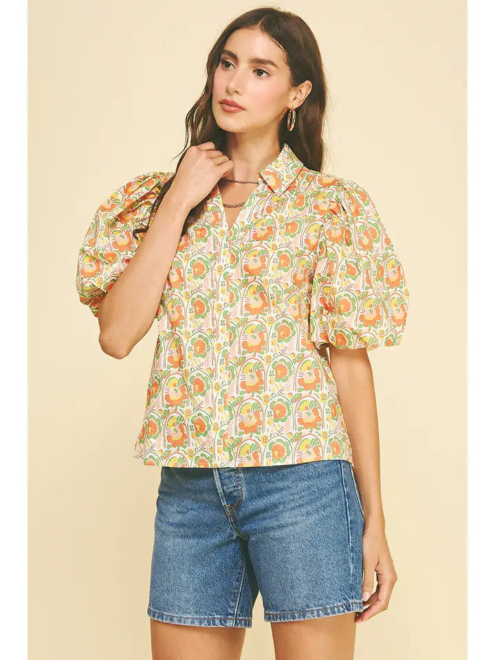 Floral Puffed Sleeve Blouse Top