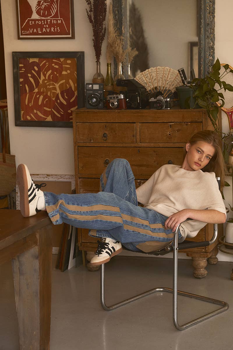 Wide-Leg Utility Stripe Denim Jeans