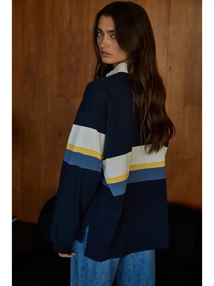 Knit Cotton Printed Striped Jersey Collar Pullover