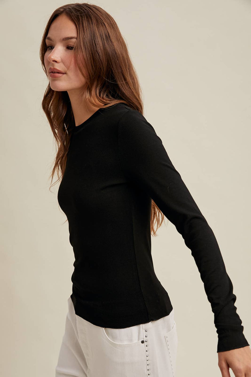BASIC RIBBED LONG SLEEVE KNIT TOP / WL25-10937