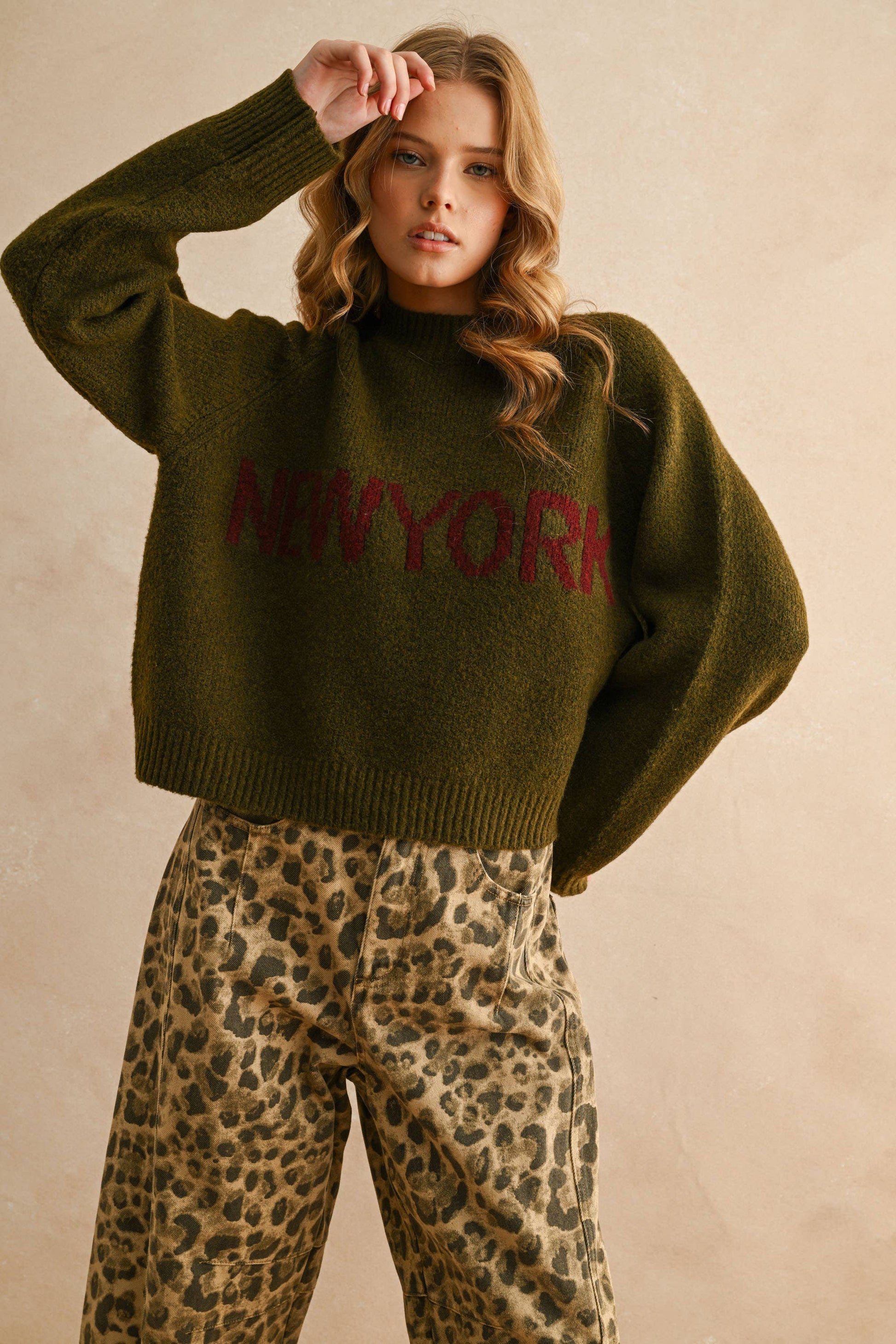 LETTER FRONT SWEATER TOP- OLIVE NY