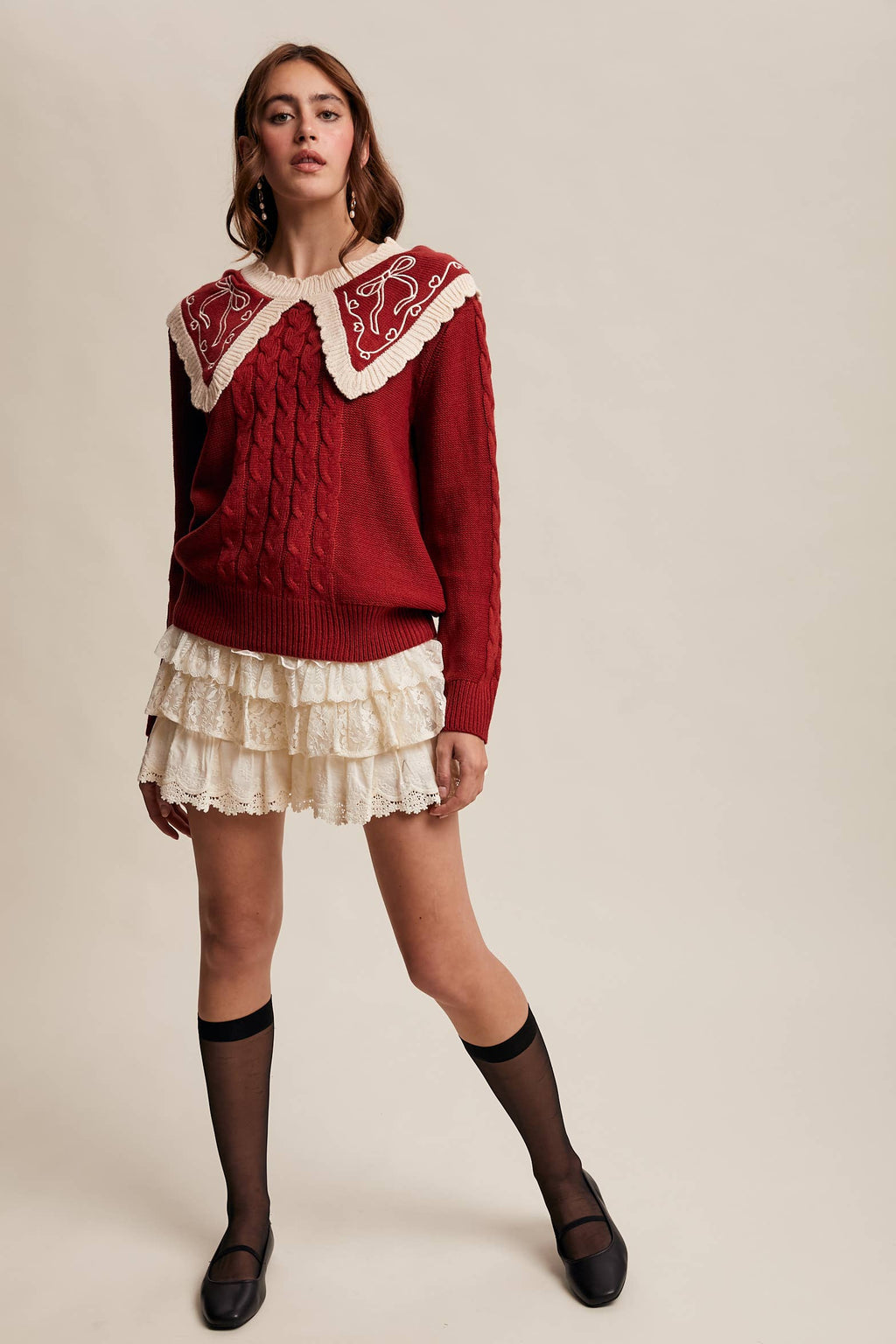 Bow Embroidered Cable Knit Sweater LSW0975