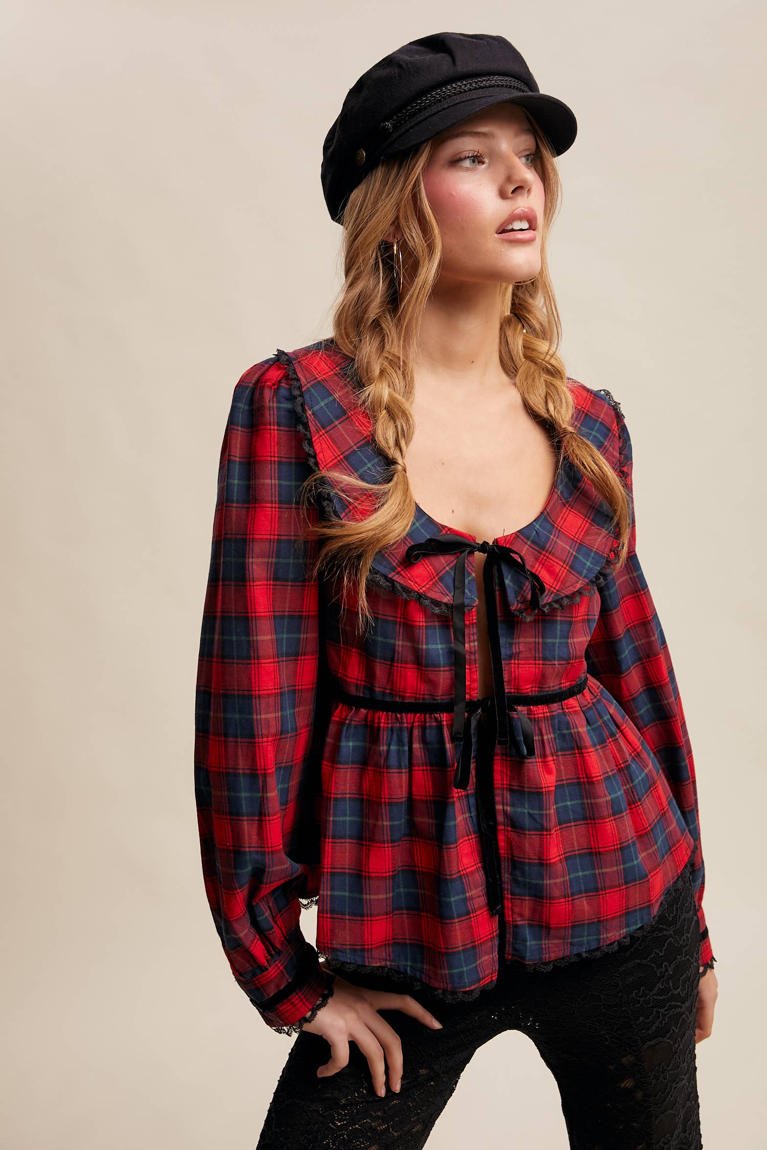 Plaid Velvet Trim Holiday Blouse LT1446