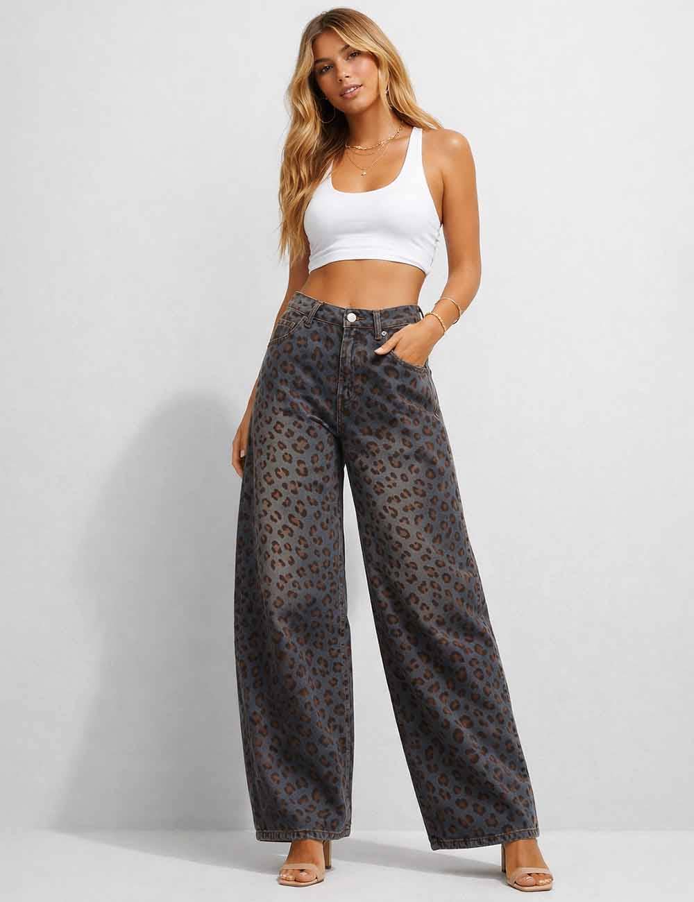 Leopard Jacquard Barrel Leg Denim Pants