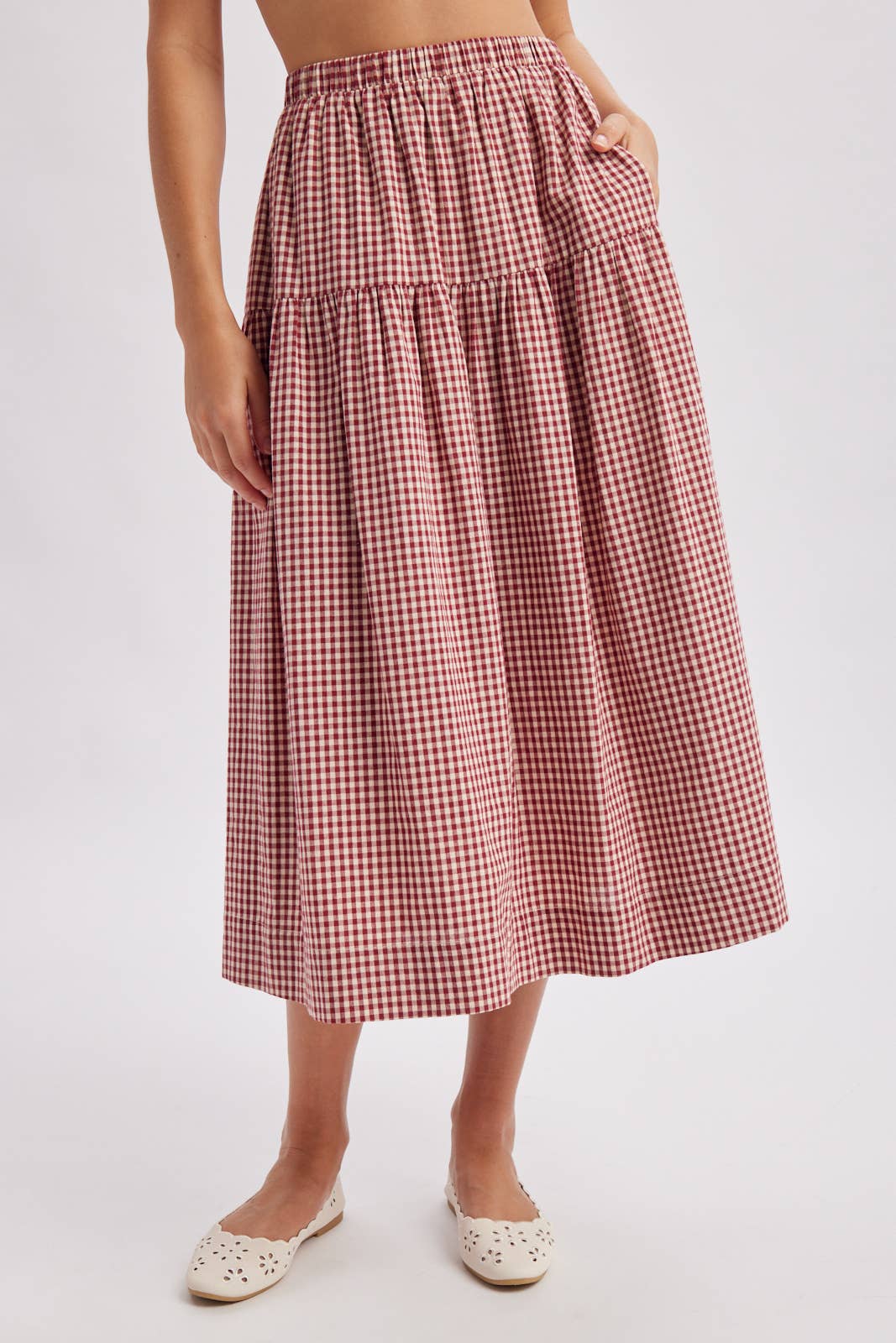 GINGHAM TIERED MAXI SKIRT