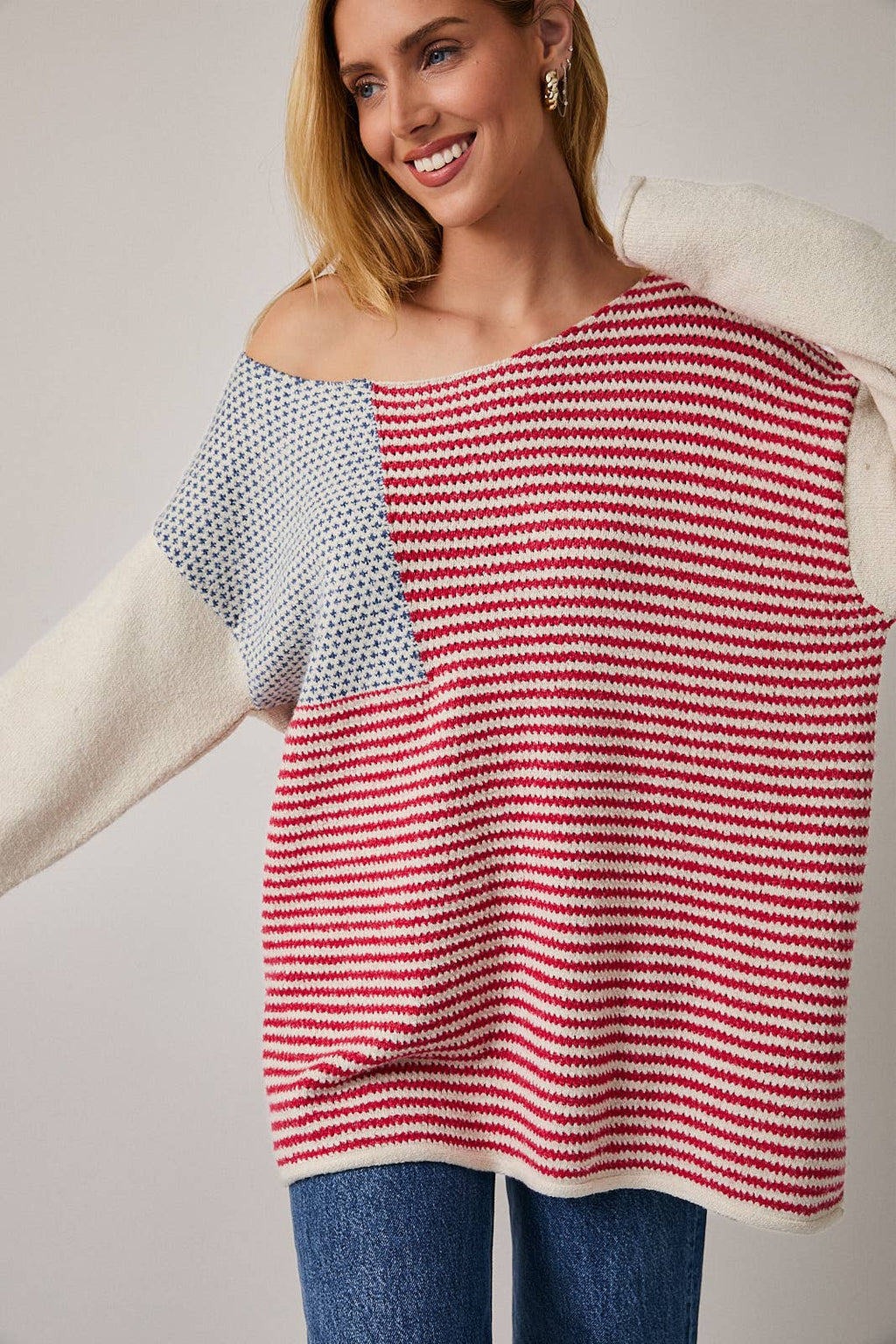 BOAT NECK LONG SLEEVE OVERSIZE FLAG SWEATER