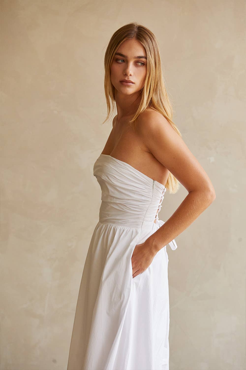 Kate Fit And Flare Back Tie Midi Dress - WHITE