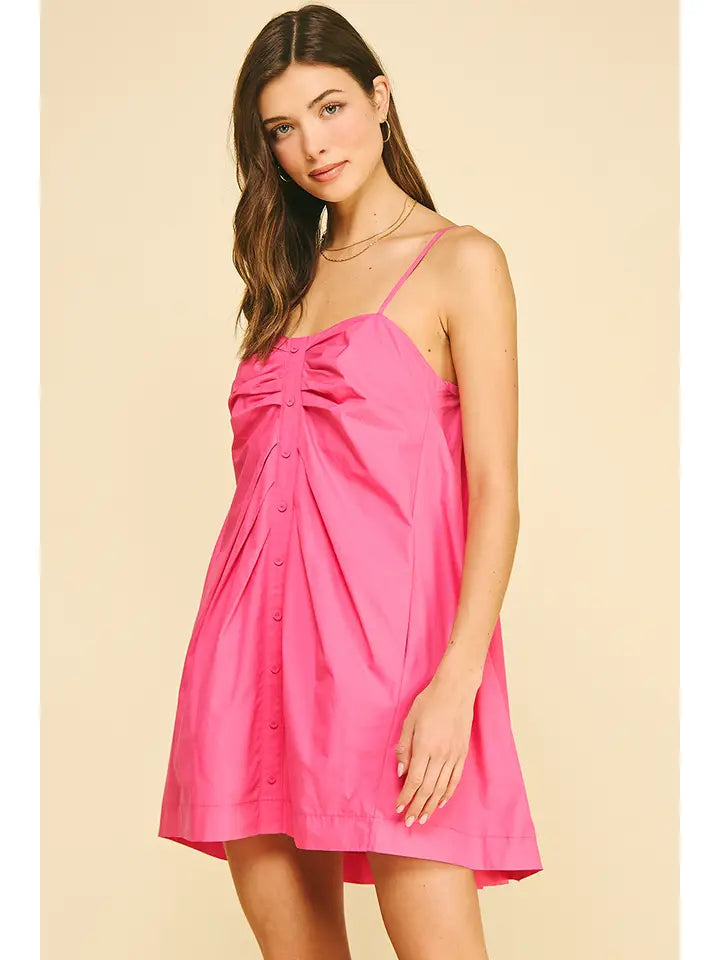 PINCH Ruched Button Down Mini Dress - Hot Pink Summer Skater Dress